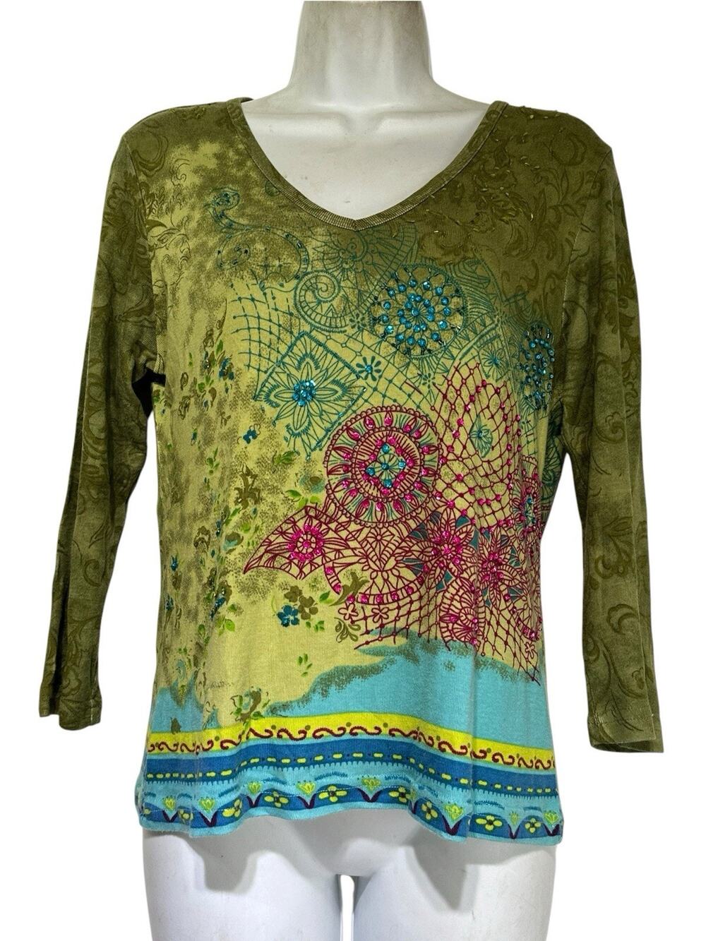 Bila Green Embellished Art Floral Sequin Beaded Shirt M Scoop Neck Blouse